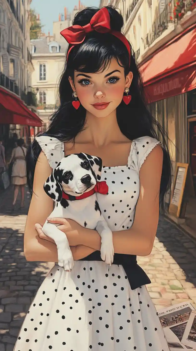 Cheerful pin up girl holding dalmatian puppy on city street