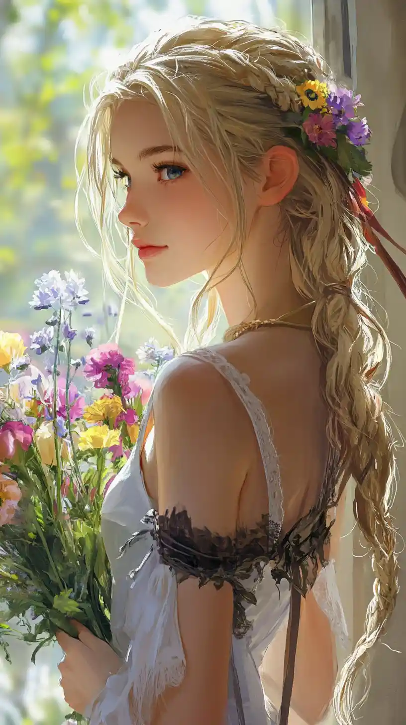 Blonde girl with flowers in a bright window portrait