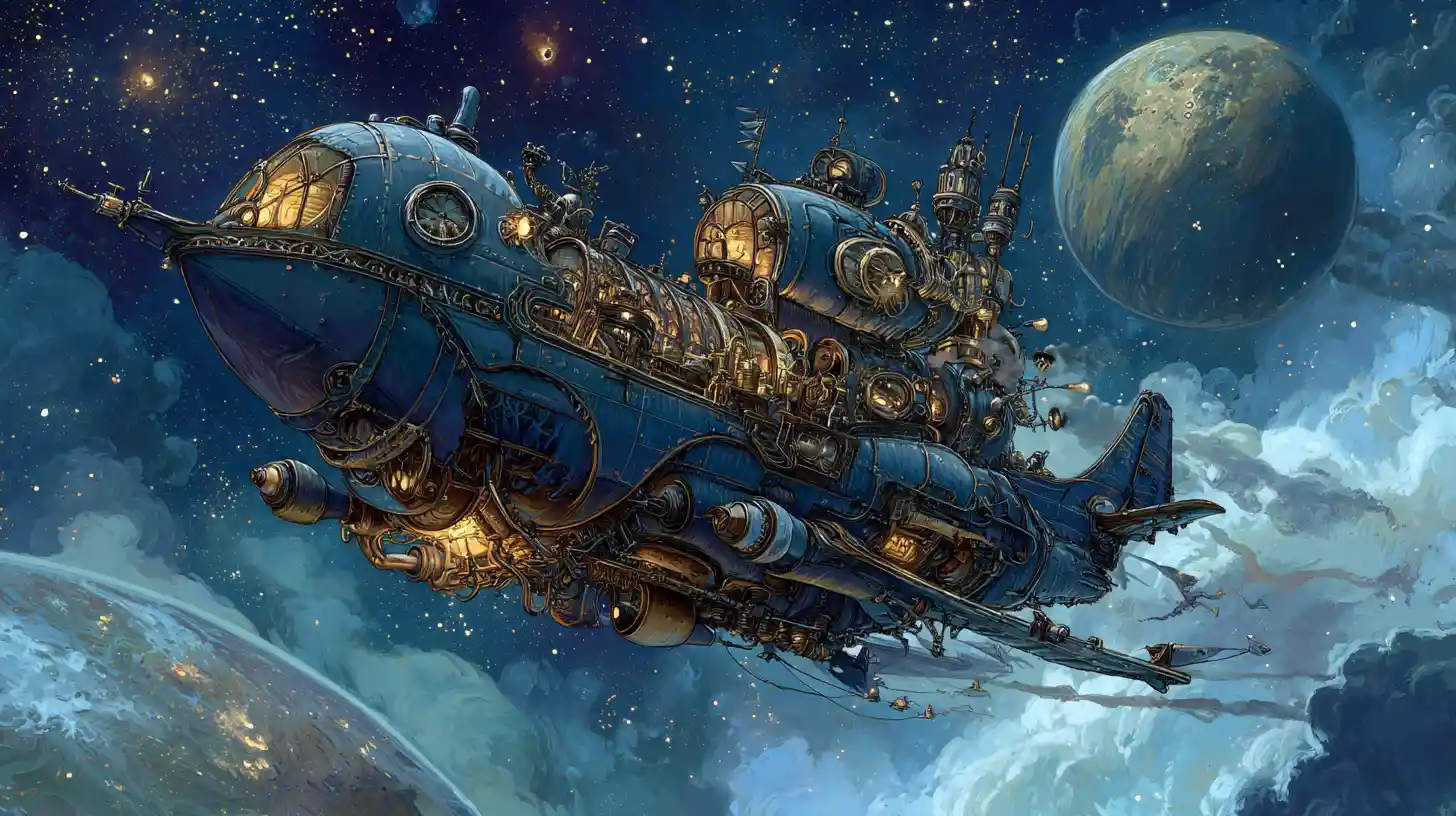 Steampunk Witch Pilots Ornate Spaceship Through Colorful Galaxy