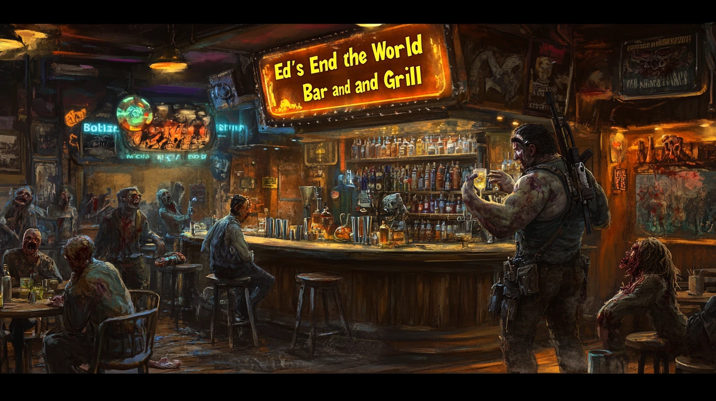 Post apocalyptic bar with zombies and mutants partying