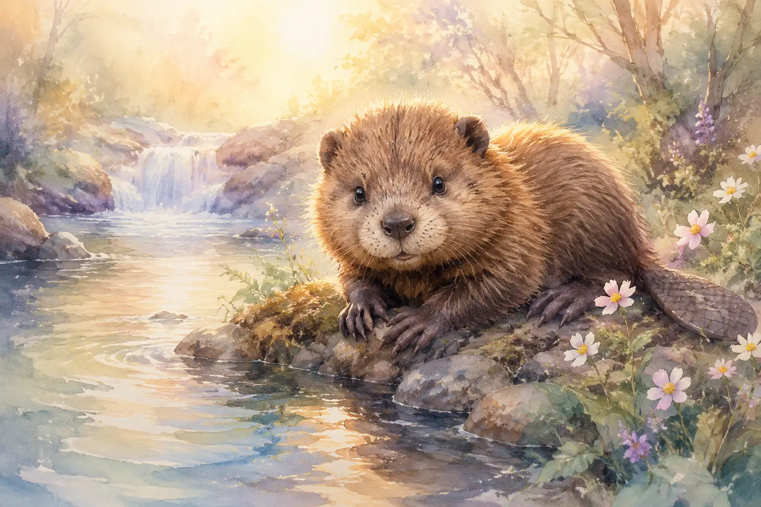 Niedliches Baby-Biber ruht an einem ruhigen Aquarell-Flussufer