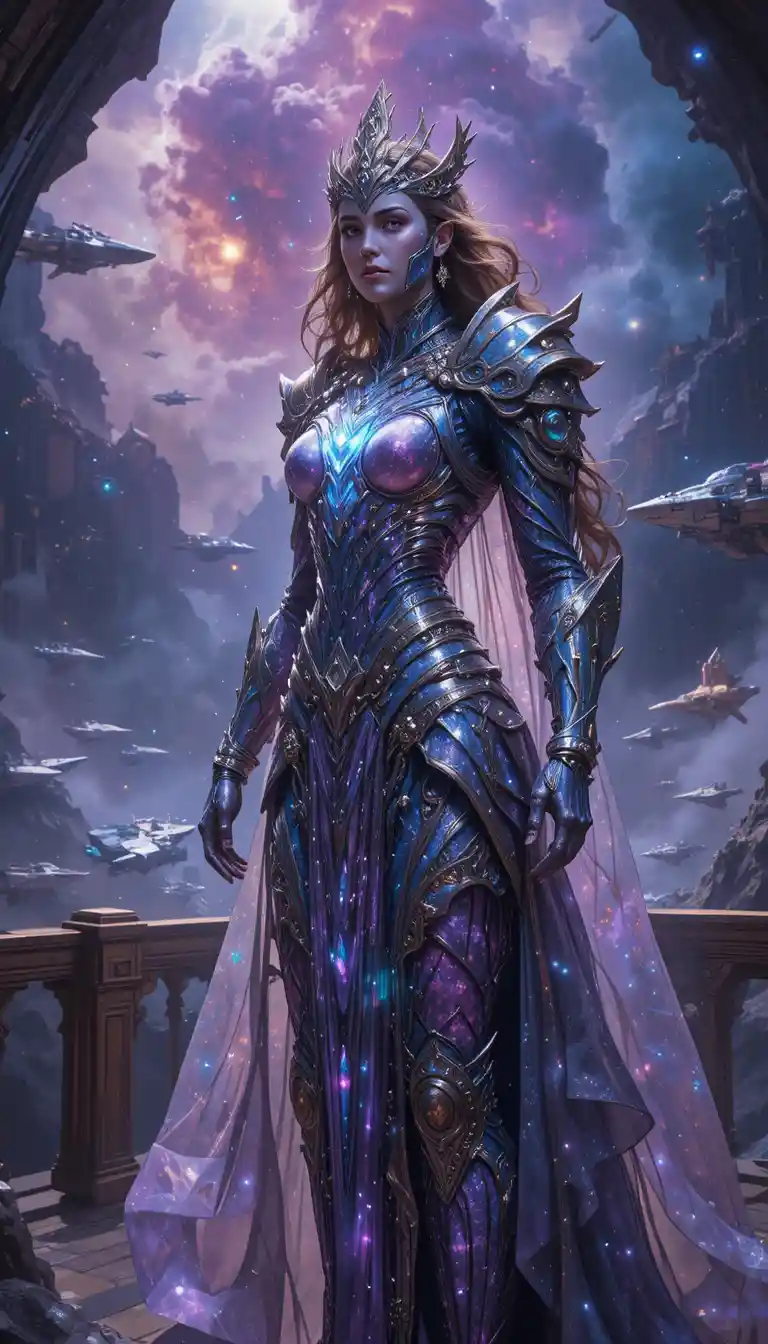 Goddess commander on crystalline starship bridge in space