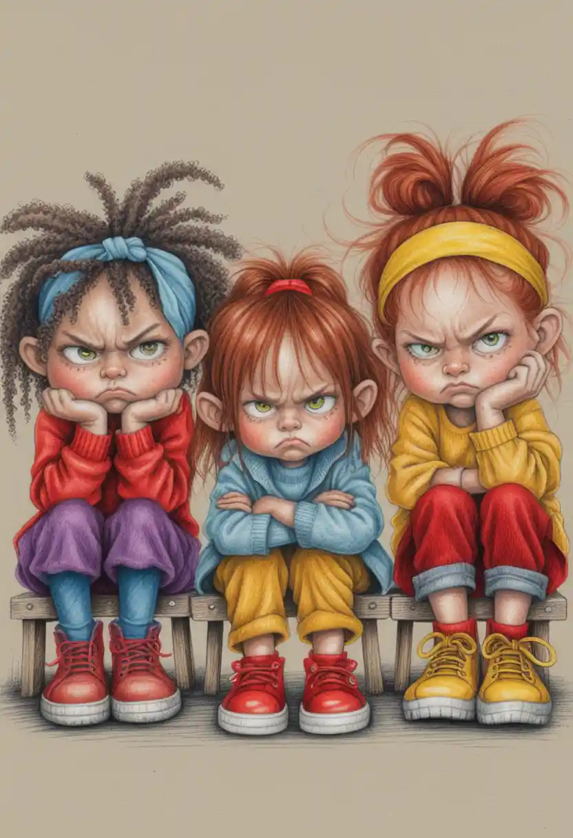 Three grumpy little girls on a wooden bench drawing