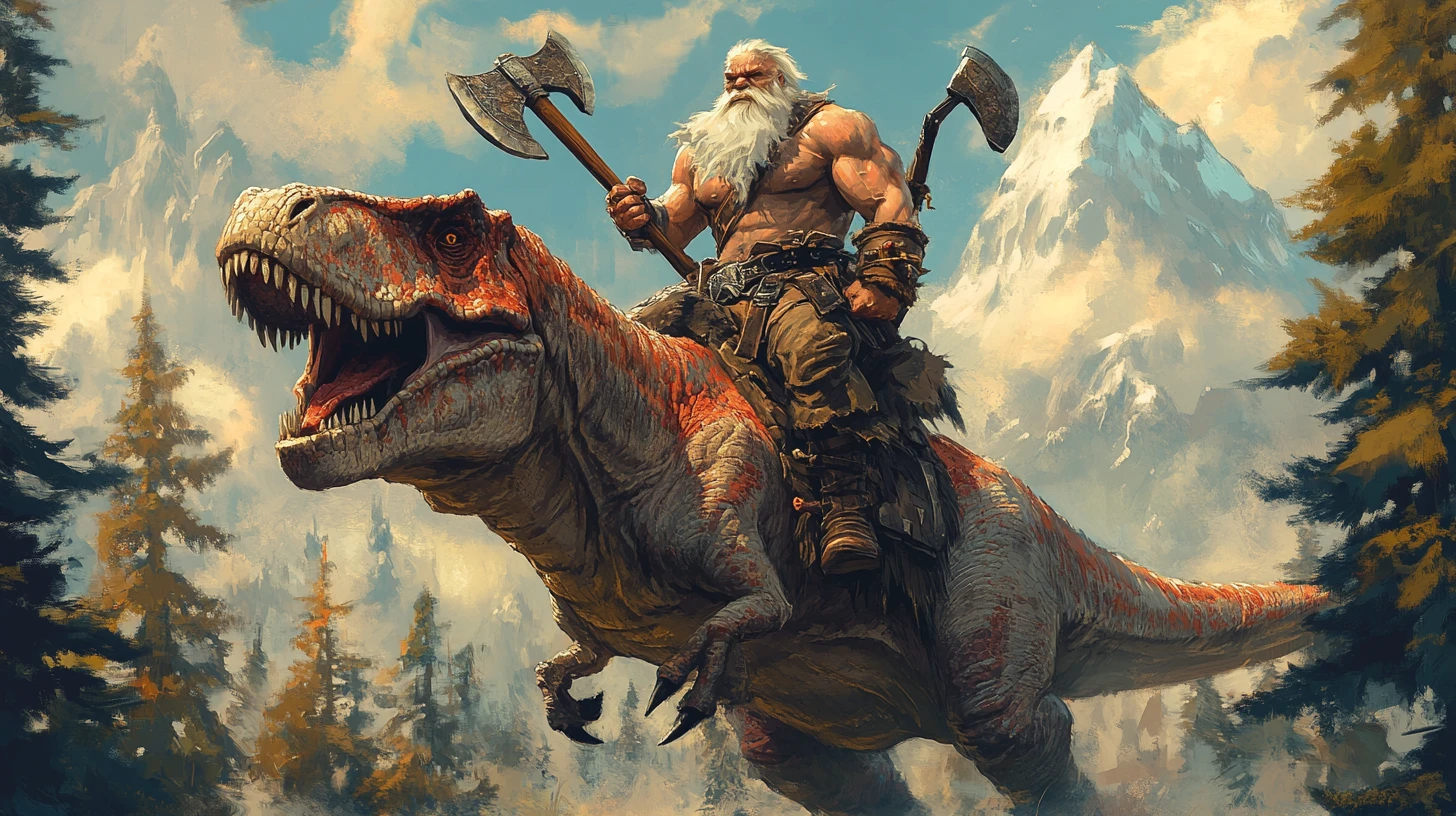 Old barbarian riding a tyrannosaurus across forested plains