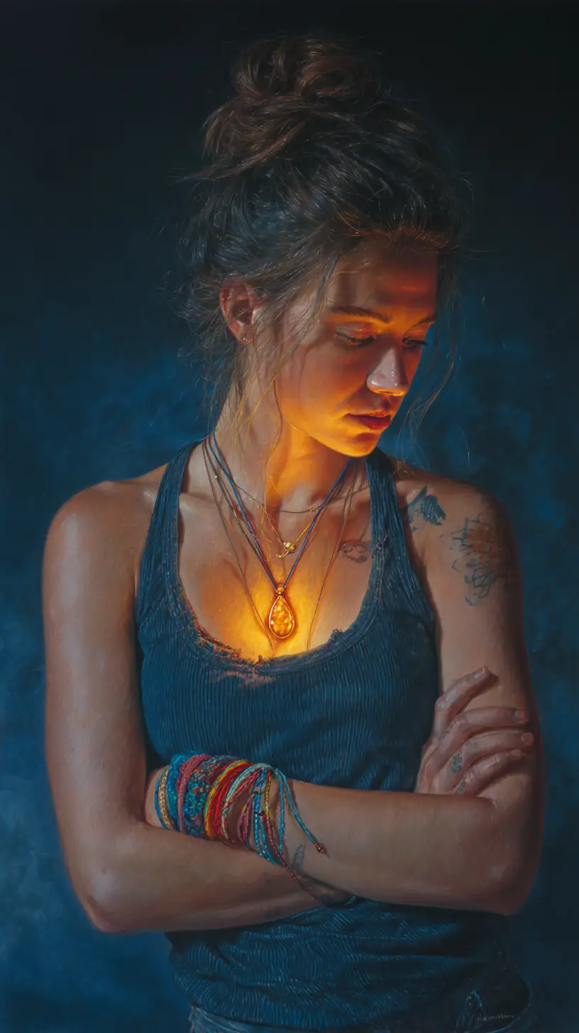 Donna pensierosa con pendente luminoso in ritratto a matite colorate