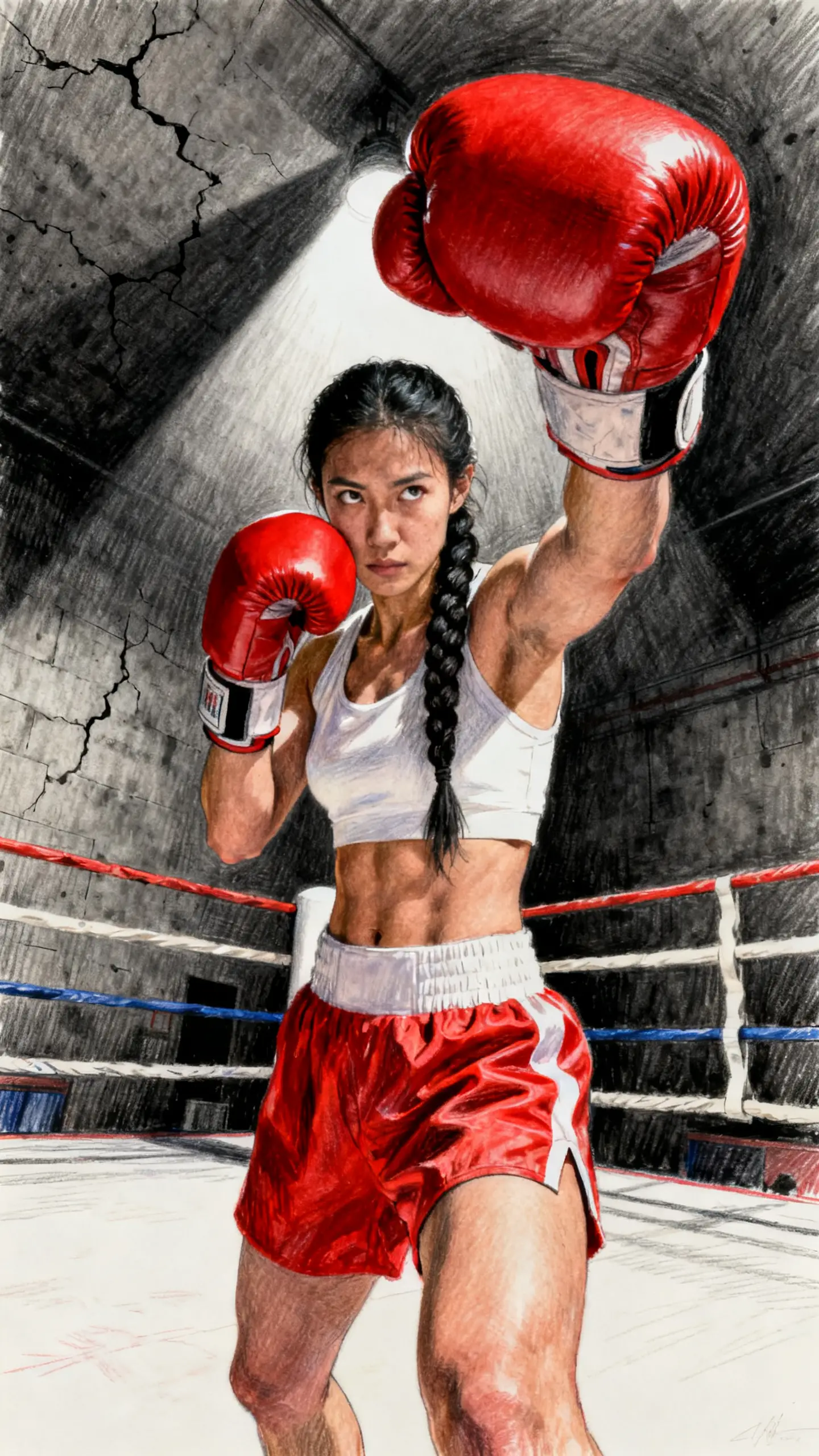 Athletic female boxer in guard stance on boxing ring