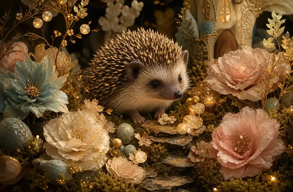 Baby hedgehog in a tiny enchanted paper garden