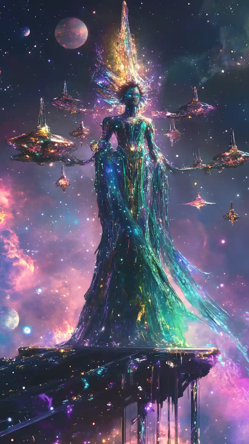 Majestic space goddess on a crystalline starship bridge
