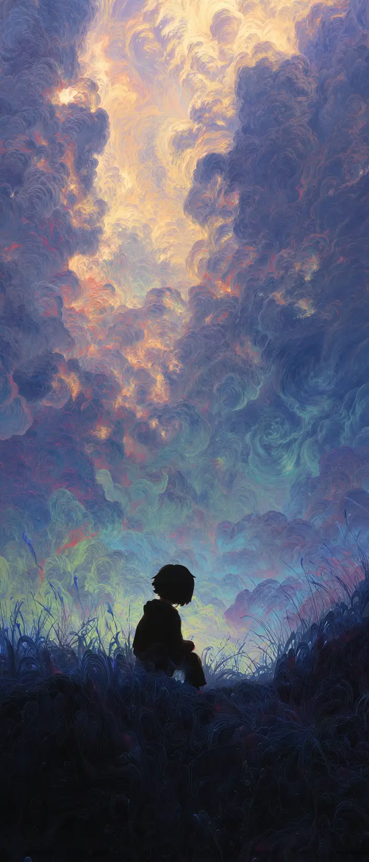 Anime child in a twilight field of dancing living shadows