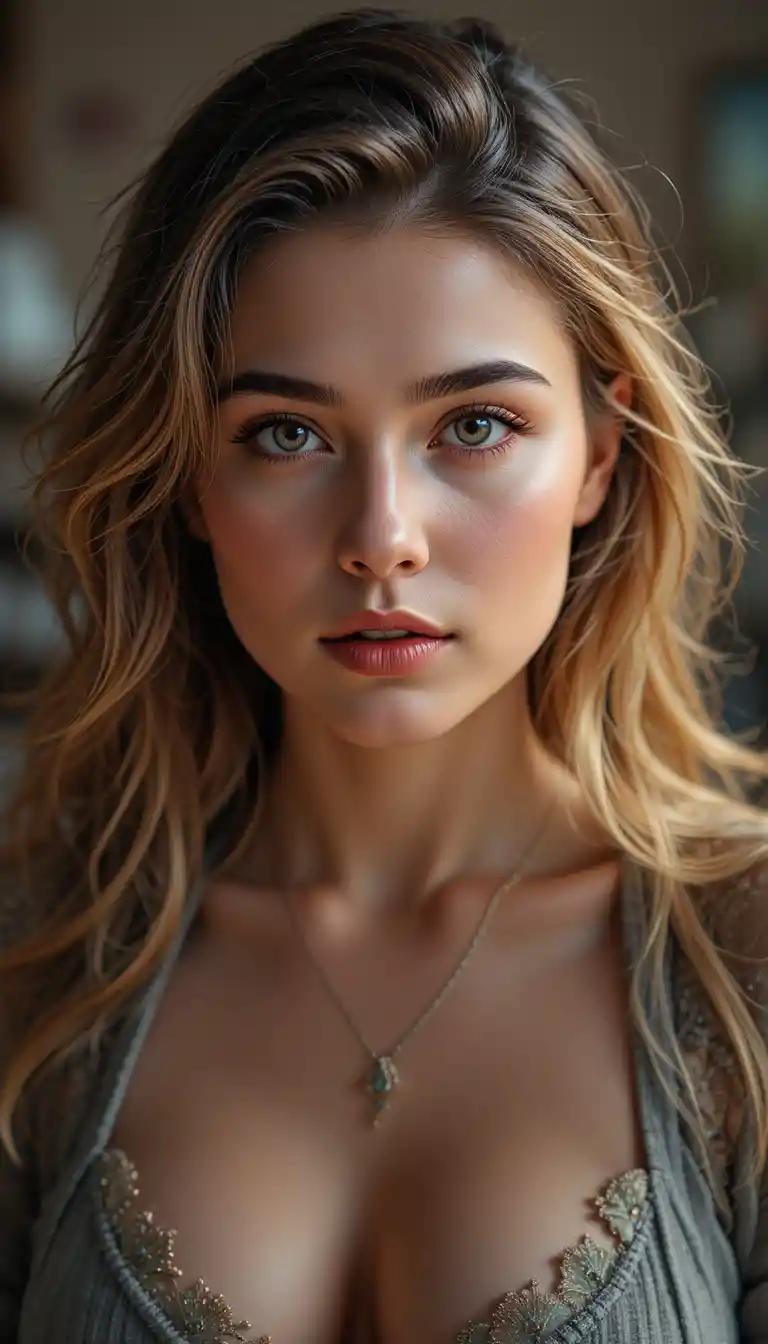 Curvy woman in dynamic medium portrait with soft shadows