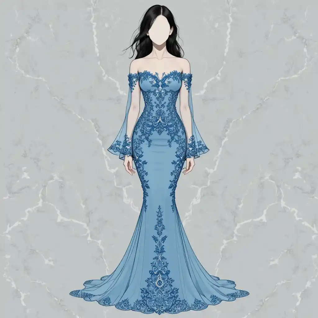 Faceless woman in blue mermaid gown vector fashion illustration