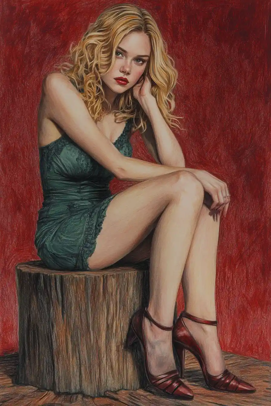 Blonde woman in green dress sitting on wooden stump
