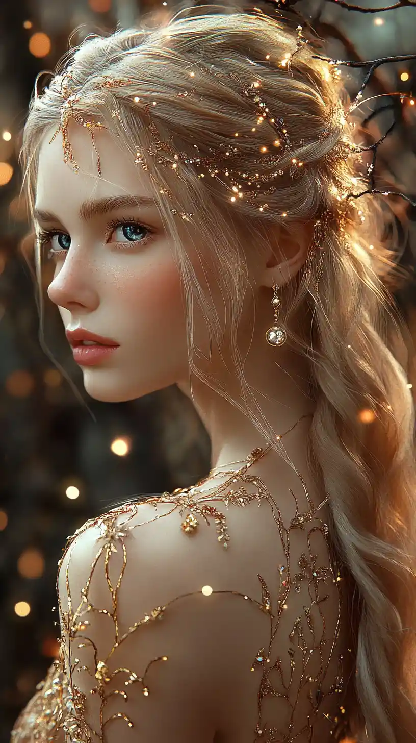 Mystical golden haired woman in an enchanted forest portrait