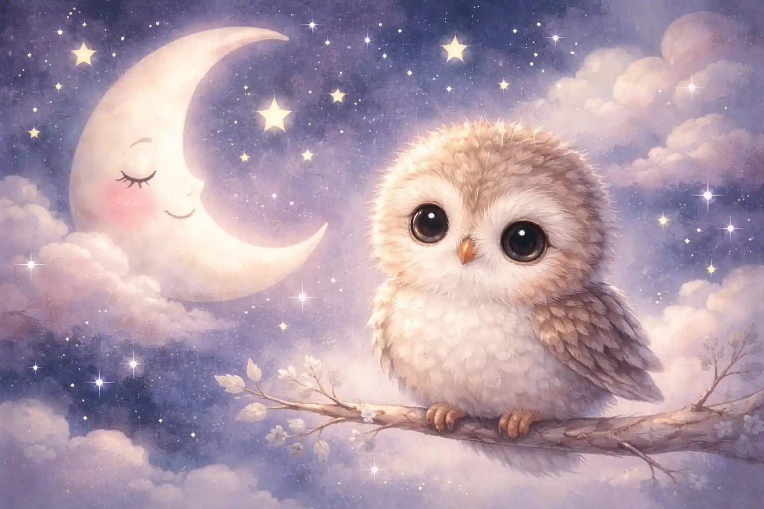 Cute baby owl under a sleepy crescent moon night sky