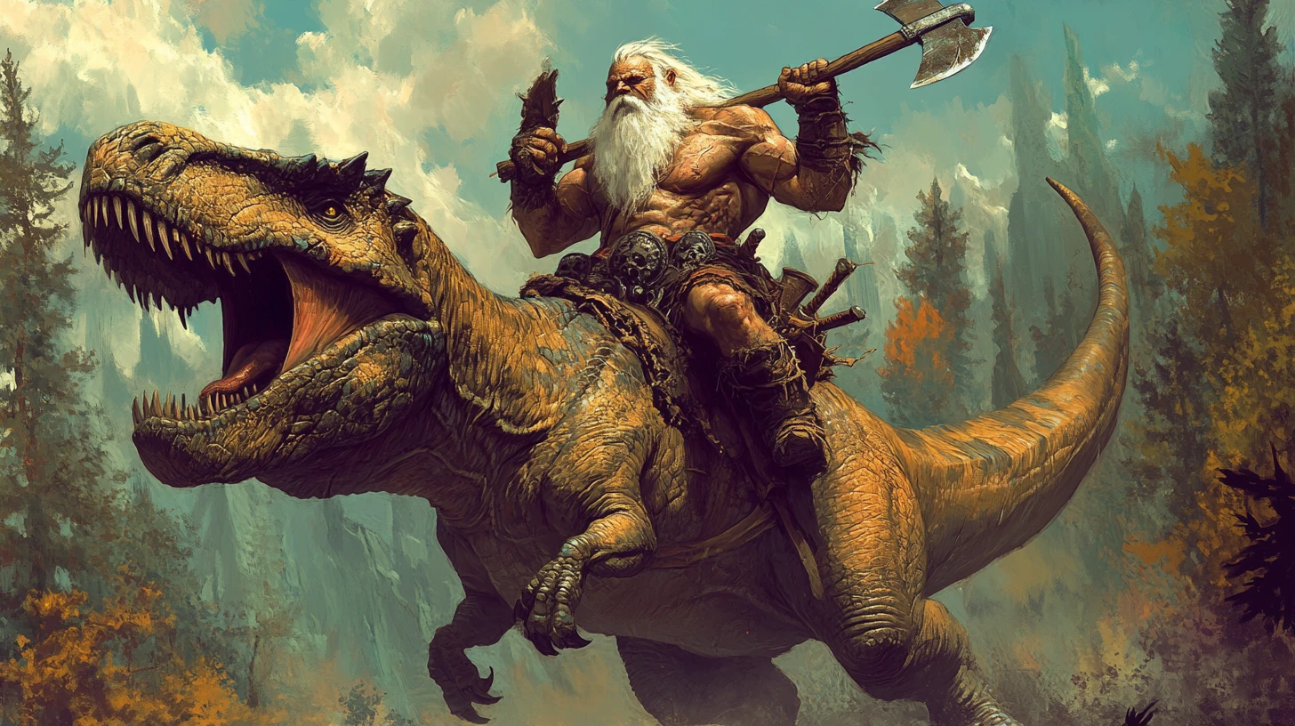Barbarian Riding A Tyrannosaurus Across A Forest Plain
