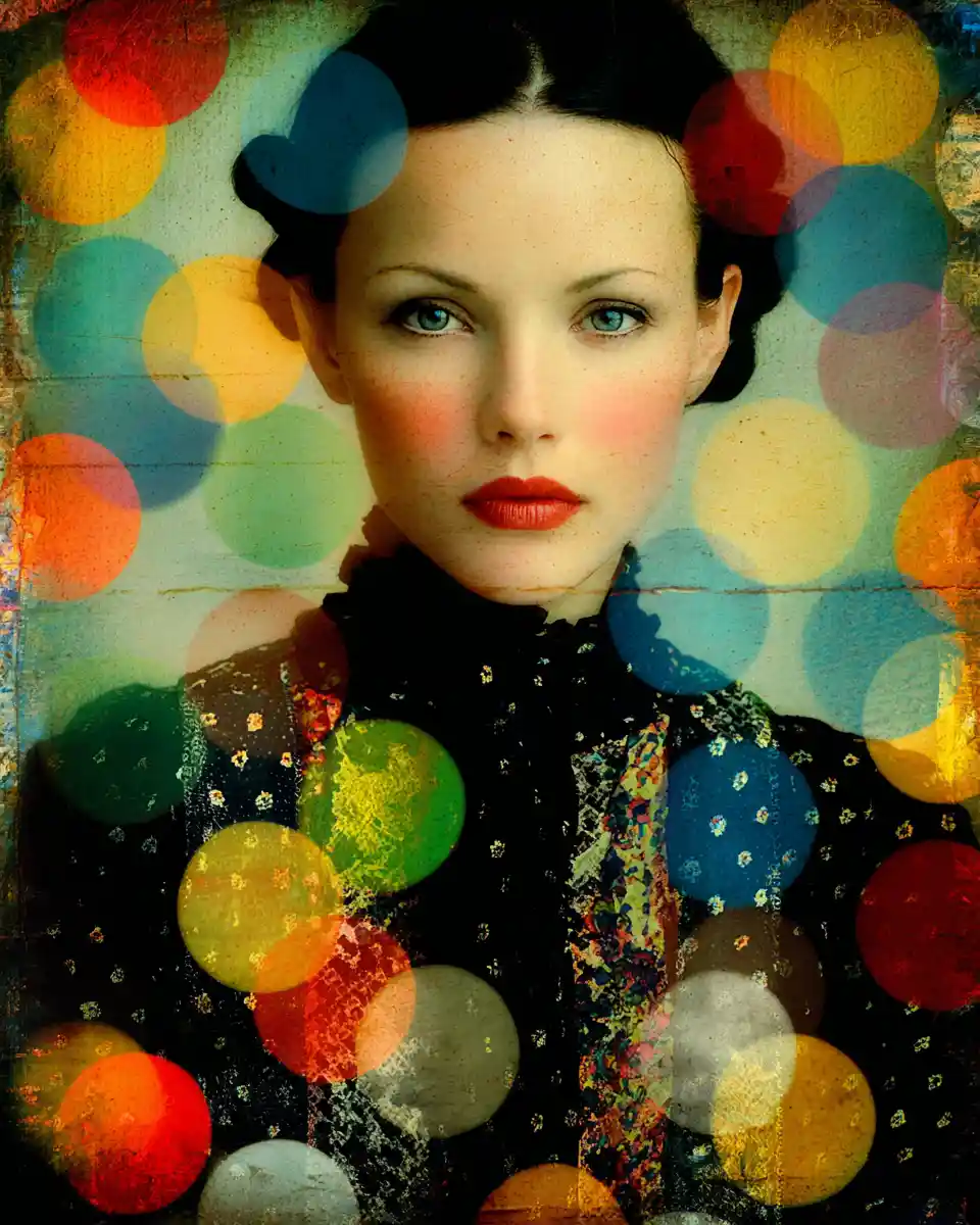 Whimsical mixed media print with colorful bokeh dots