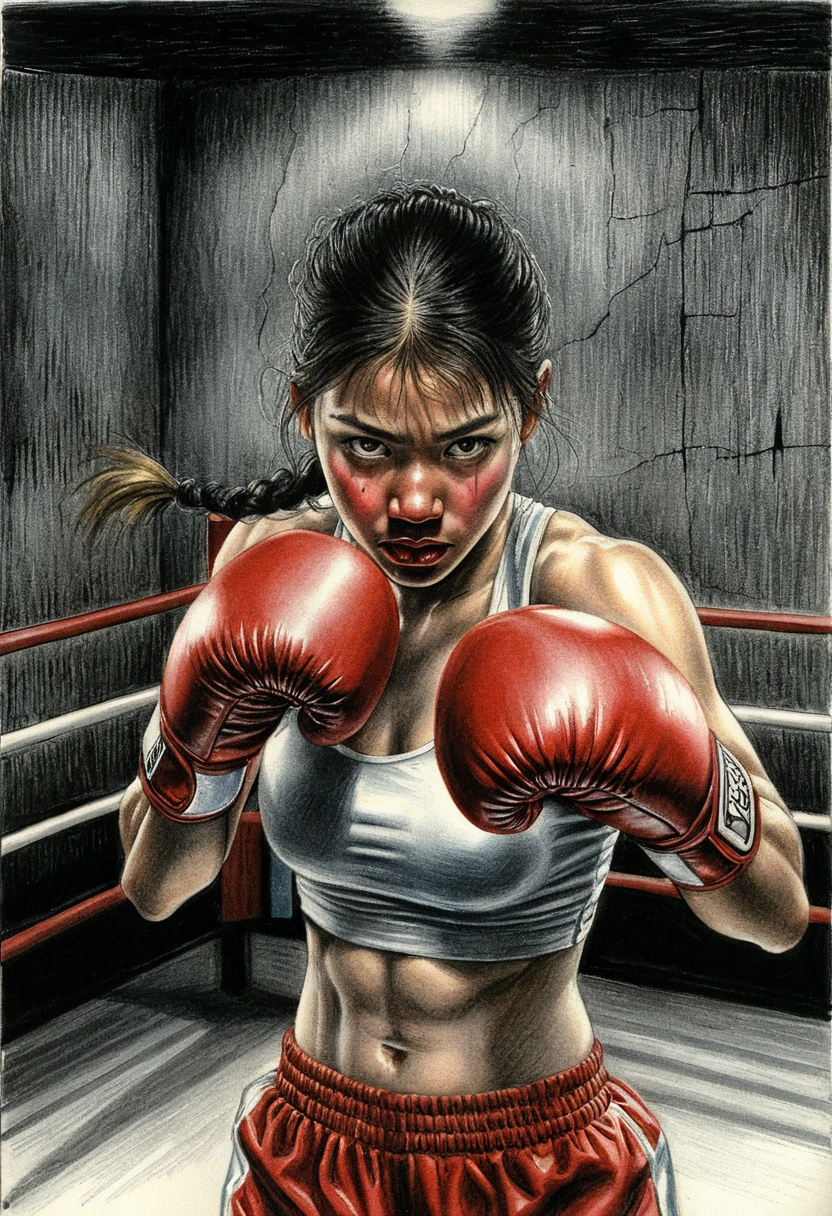 Athletic female boxer in low angle defensive ring portrait