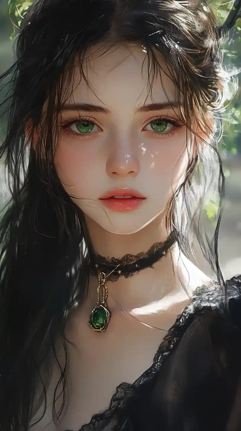 Mystical girl portrait with luminous green eyes in forest