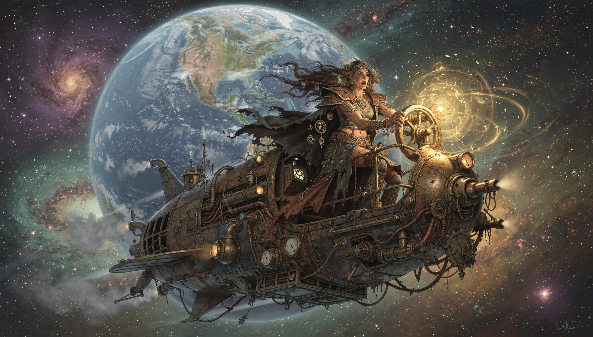 Steampunk Witch Starship Soaring Through Vibrant Galaxy