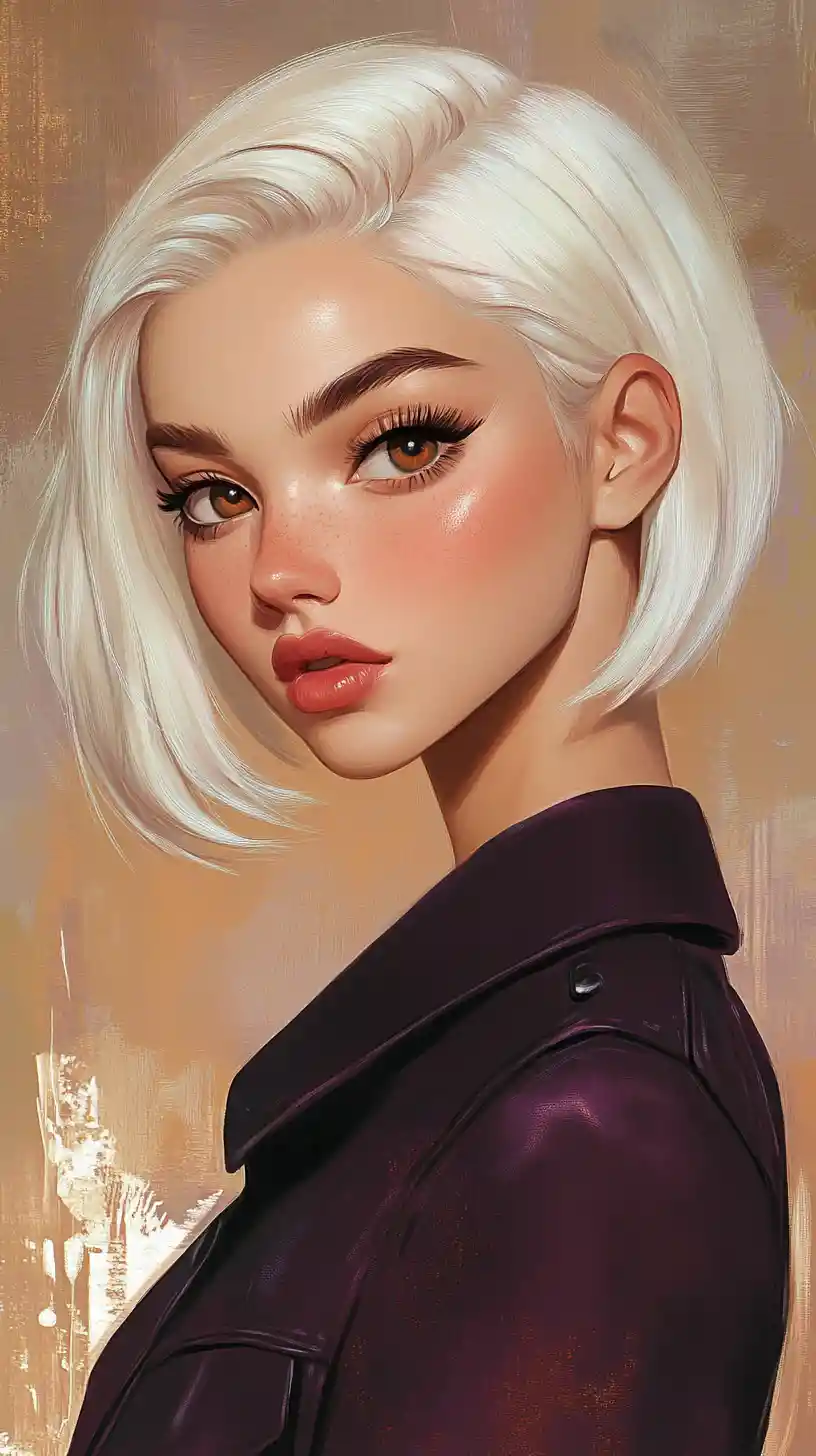 Stylish platinum haired woman in purple jacket portrait