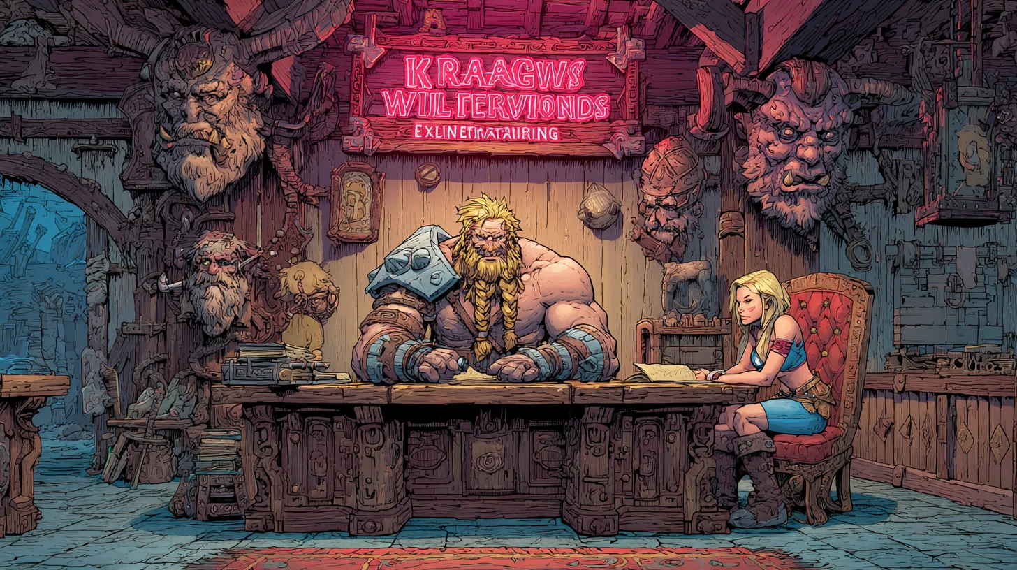 Muscular barbarian at desk hearing evil wizard troubles