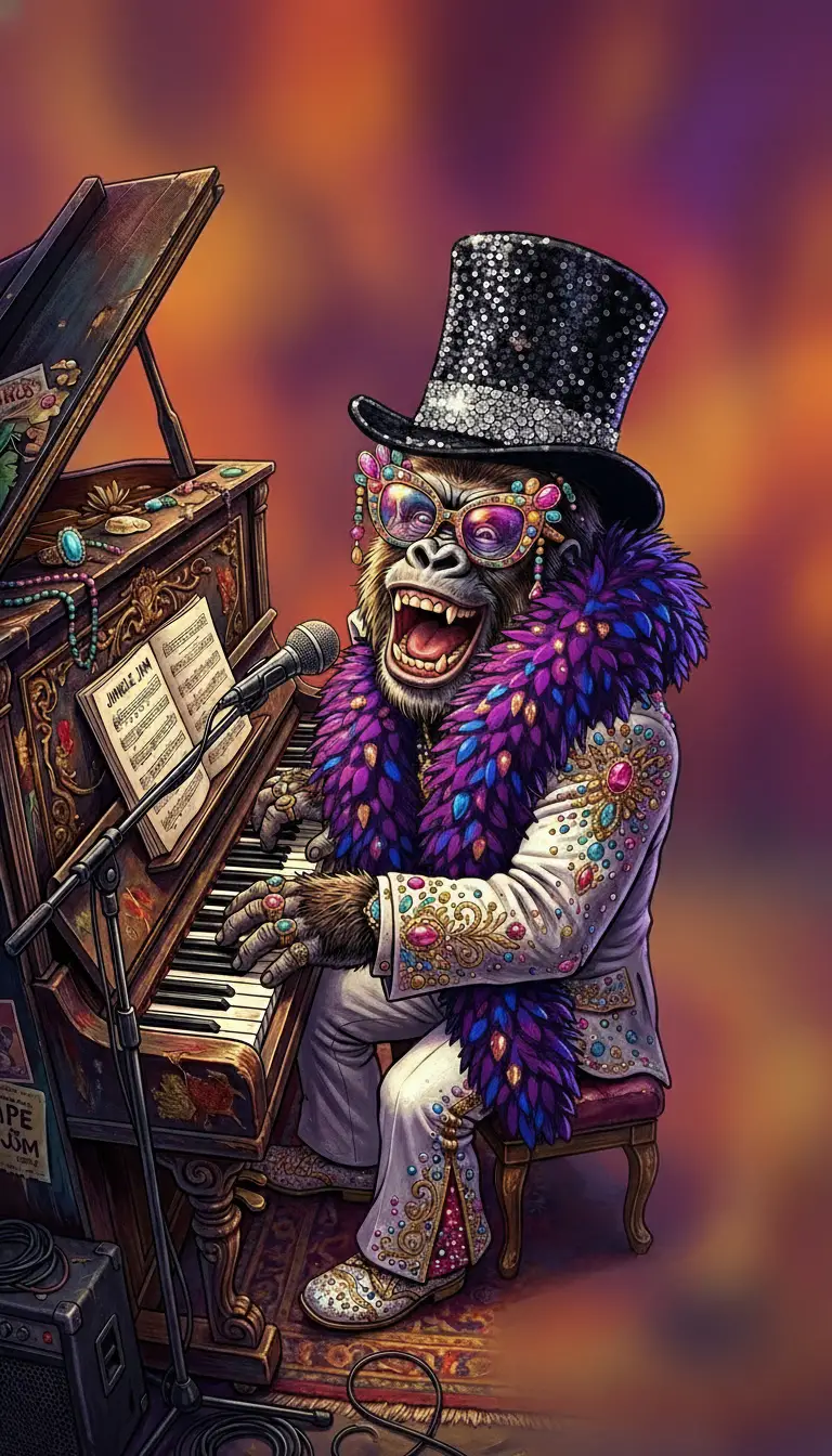 Gorilla Pianist In Glittering Suit In A Colorful Studio