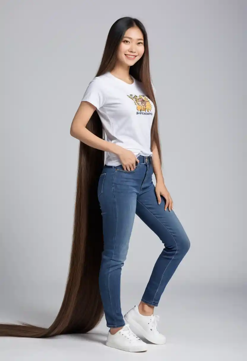 Young Asian woman with floor length silky straight hair