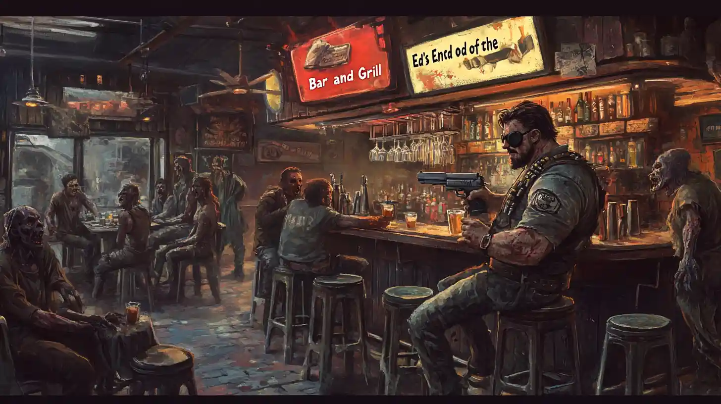 Post apocalyptic bar with zombies enjoying drinks together