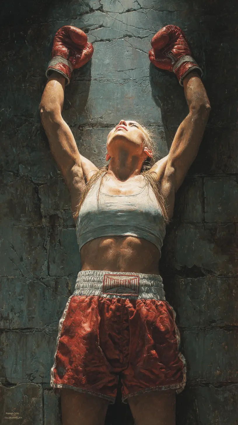 Hyperrealistic drawing of a determined female boxer in low angle