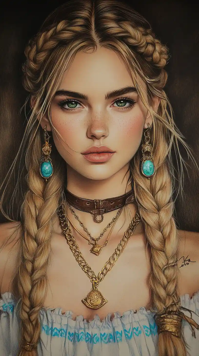 Blonde girl portrait in braids with warm candlelit glow