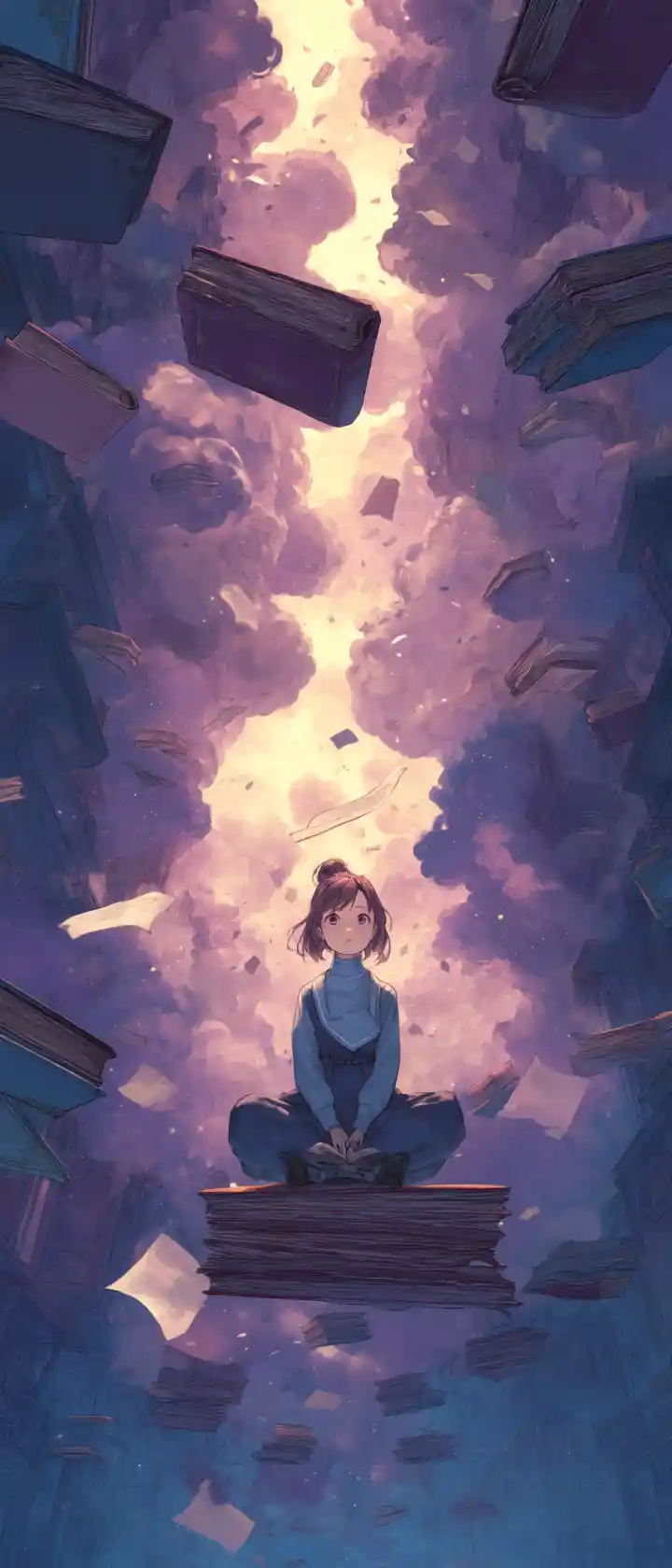 Anime librarian levitates as glowing memories swirl around
