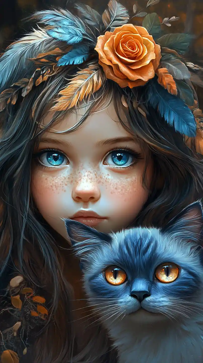 Whimsical girl and cat portrait in a glowing forest