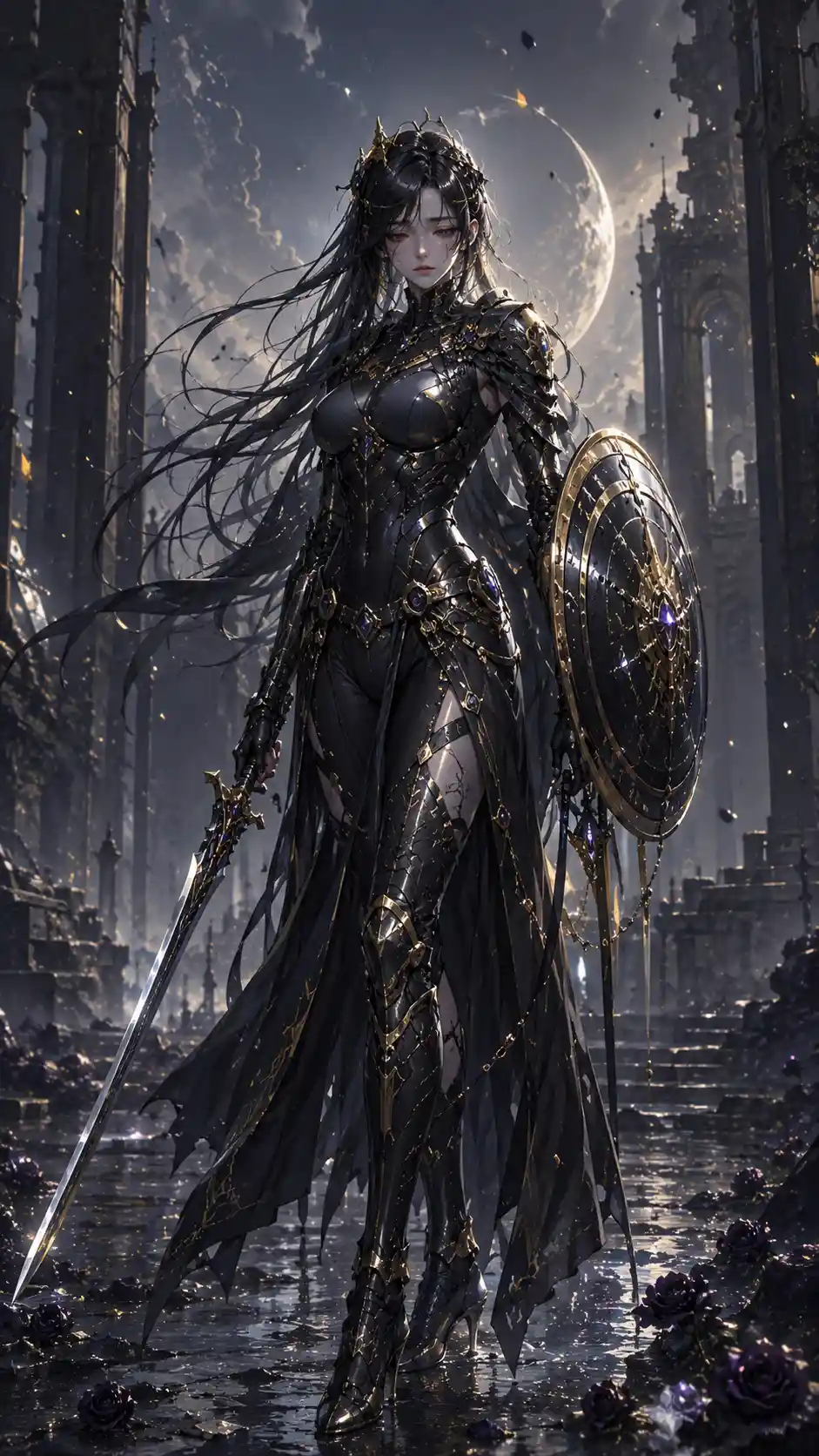 Melancholic cybernetic warrior woman with sword and shield