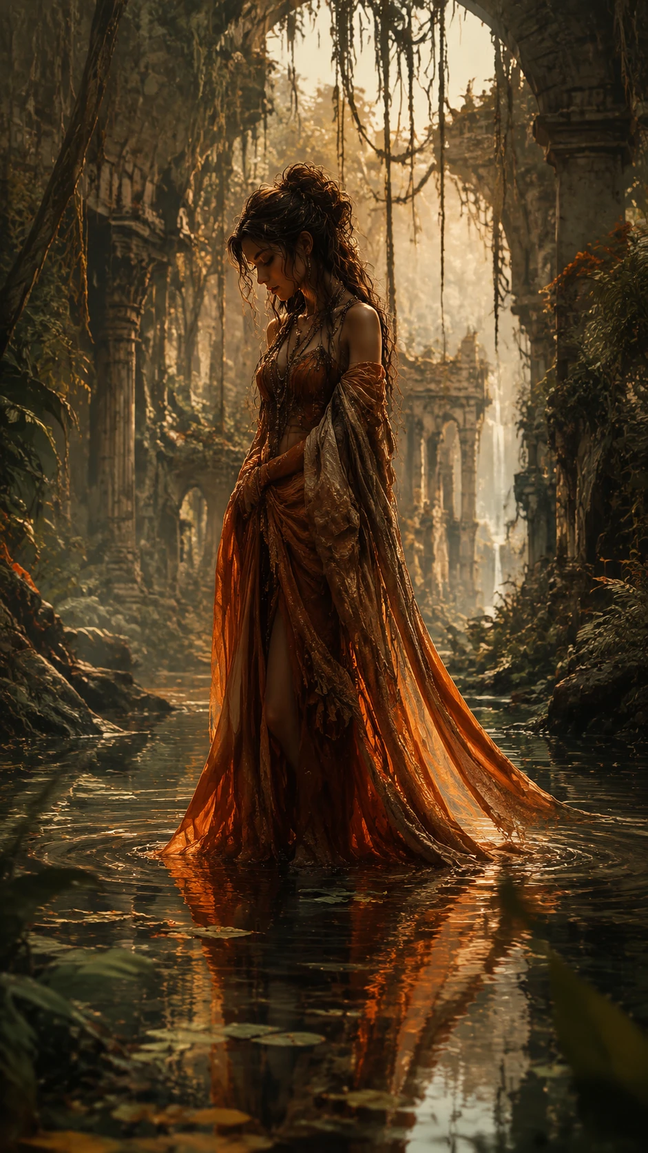 Wistful woman in bohemian robes standing in jungle water
