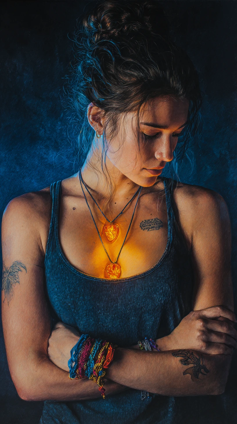 Thoughtful woman lit by glowing pendant in shadowy room