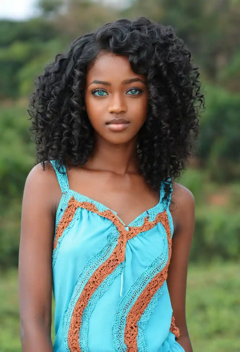 Young woman with black curls and light cyan blue eyes