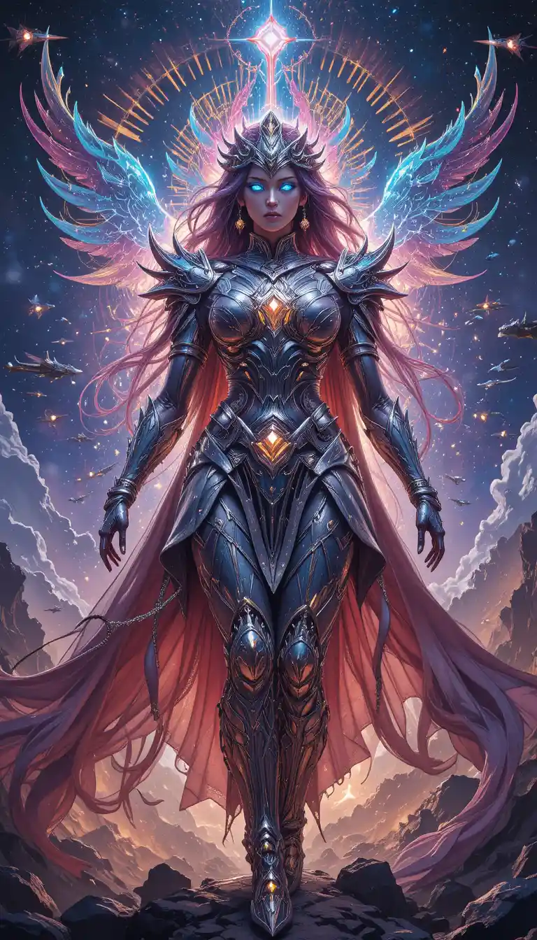 Celestial warrior goddess commanding crystalline starships in space