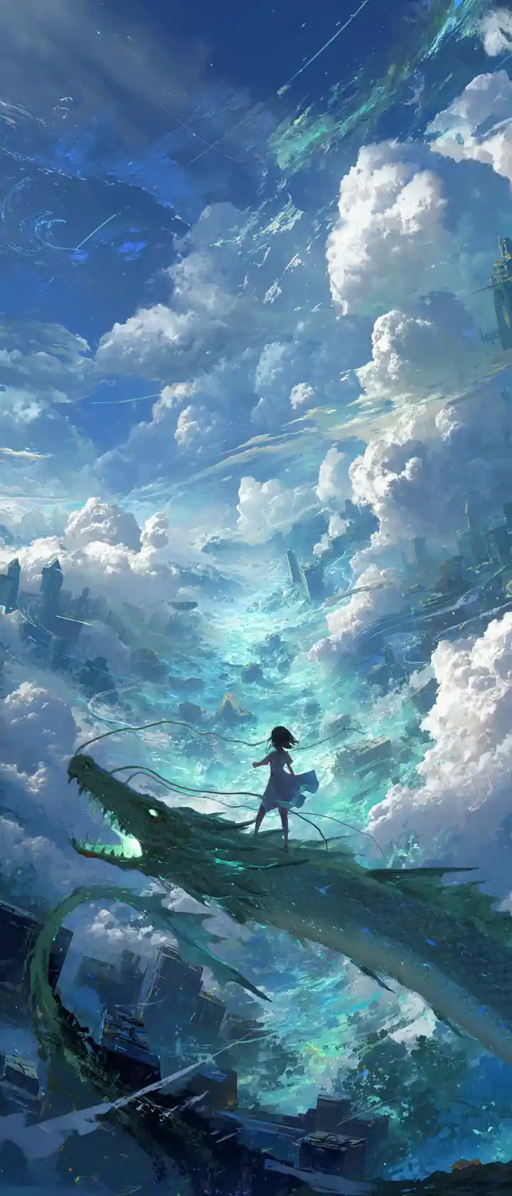 Anime pilot riding a mechanical dragon through floating ruins