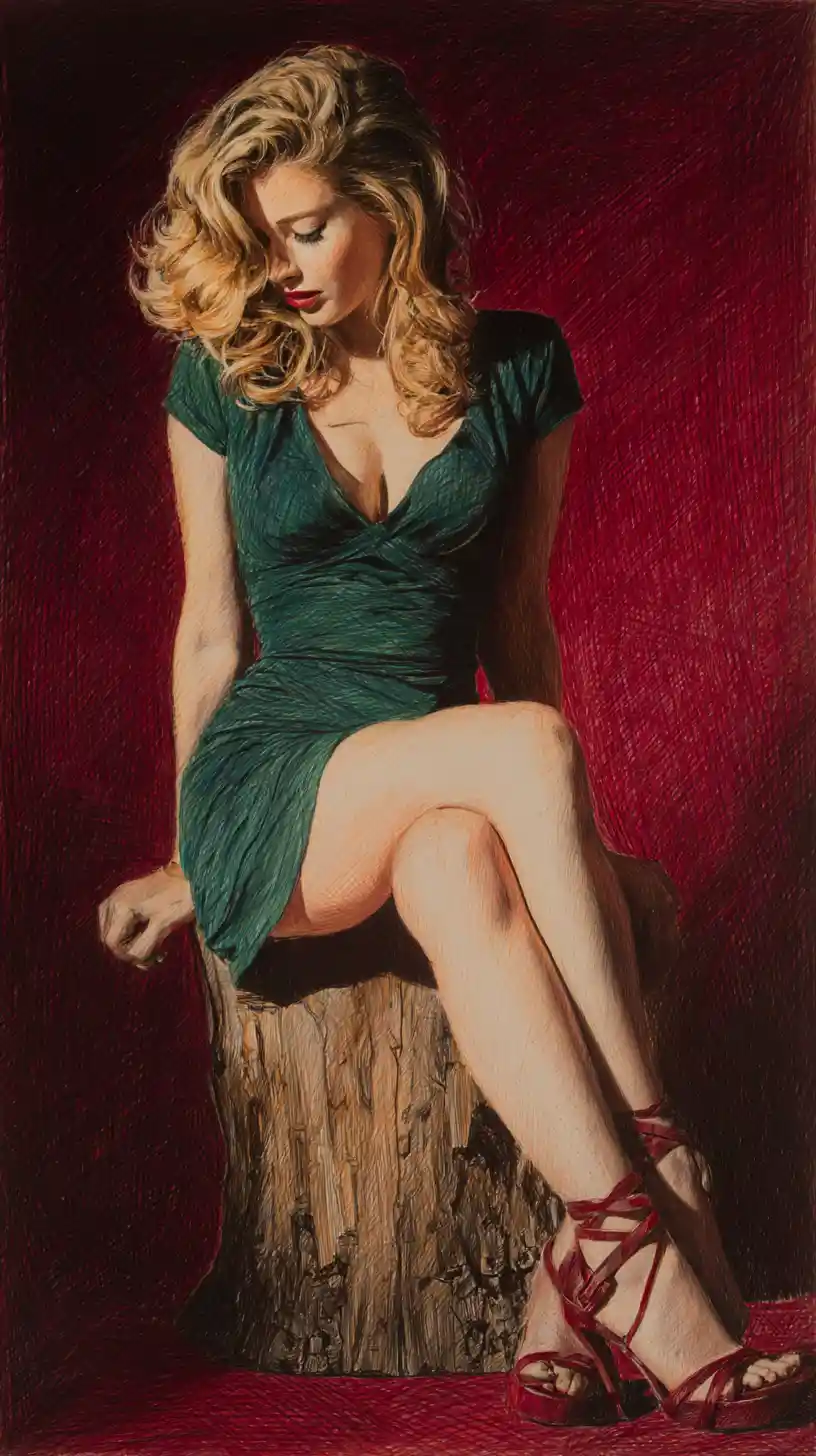 Elegant blonde woman in green dress on wooden stump