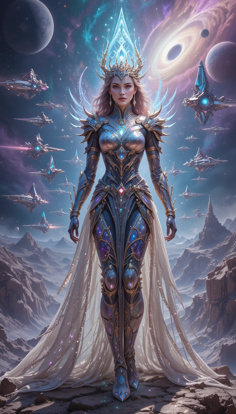 Cosmic goddess commanding a crystalline starship fleet