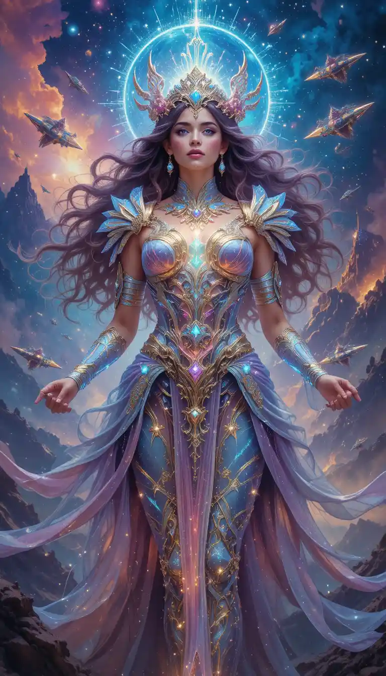 Celestial armored goddess leading crystalline starship fleet