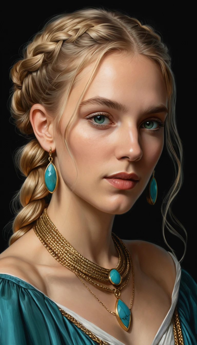 Chiaroscuro portrait of a braided blonde girl in gold jewelry