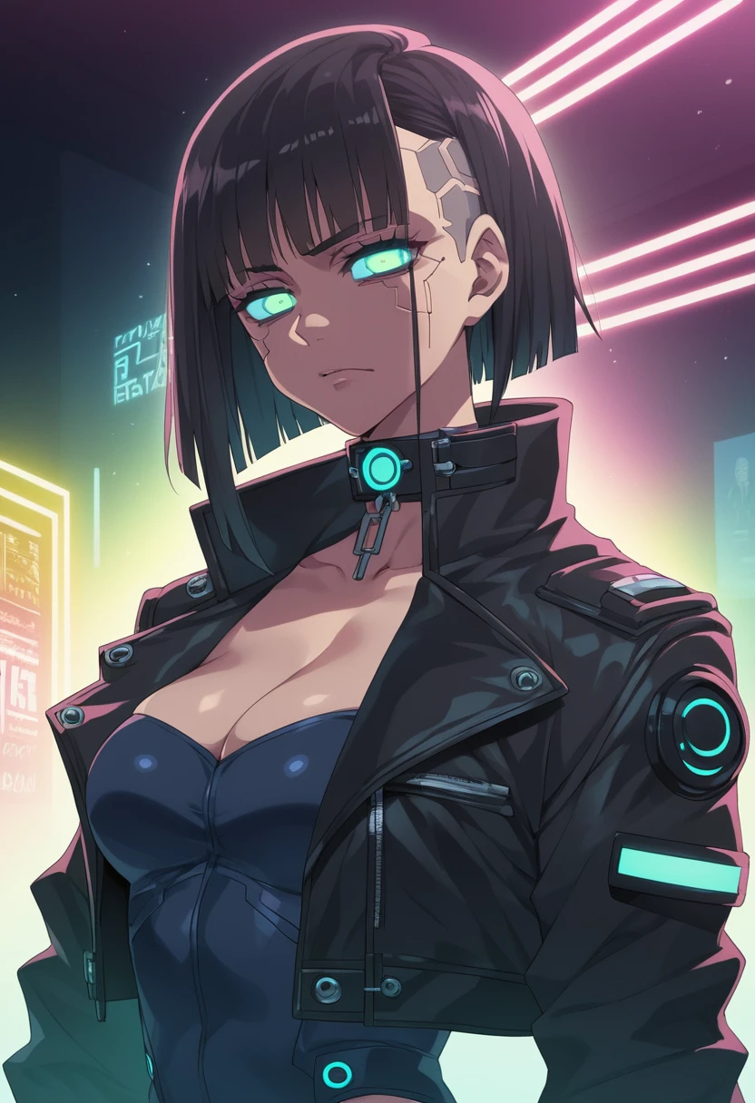 Cyberpunk anime woman posing in a neon lit hallway