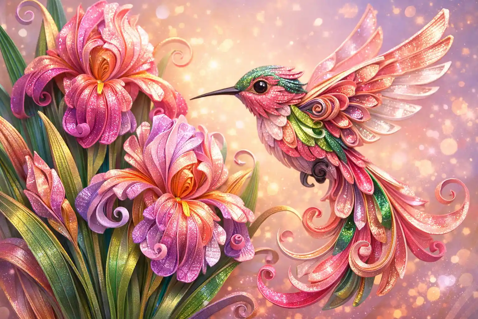 Whimsical paper quilling hummingbird near blooming iris flowers