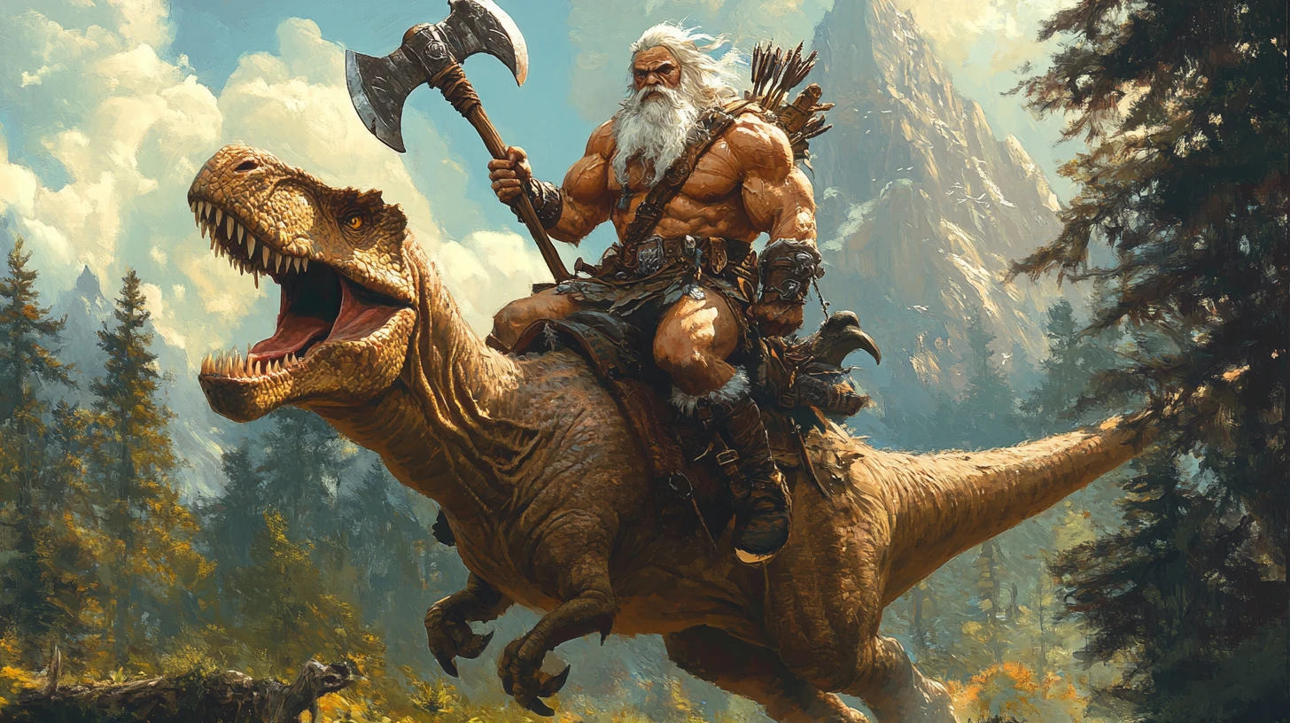 Old barbarian riding a giant tyrannosaurus across forest plains