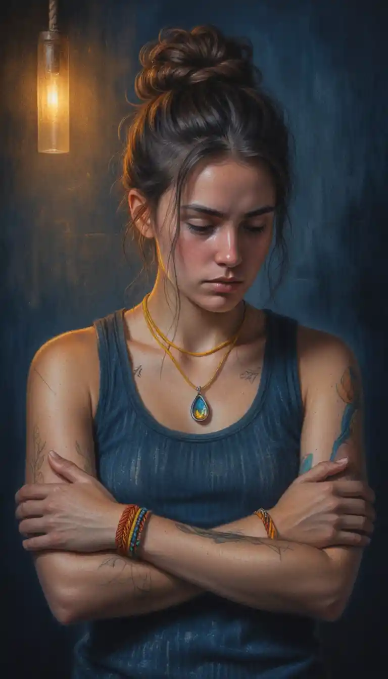 Contemplative girl portrait lit by glowing amber pendant