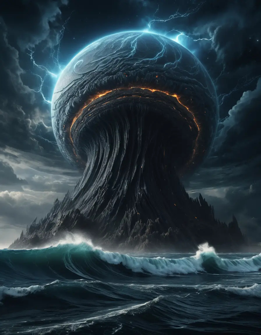Interdimensional sea leviathan rising from a collapsing sky