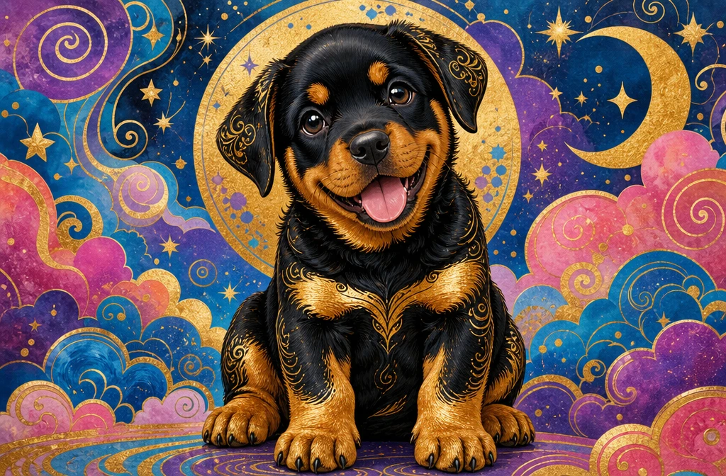 Playful rottweiler puppy illustration with gold foil accents
