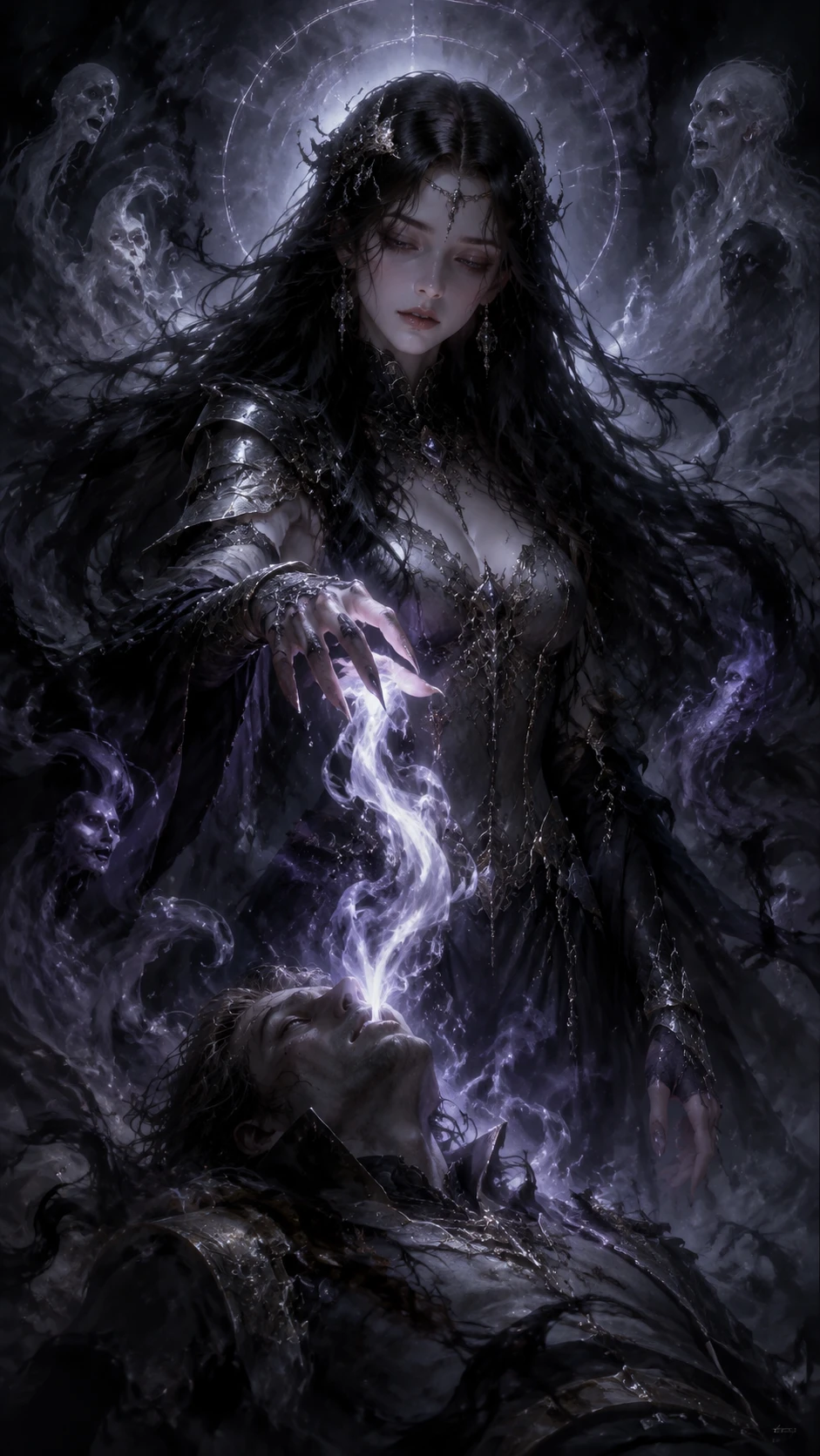 Ethereal woman drawing a soul in swirling dark smoke