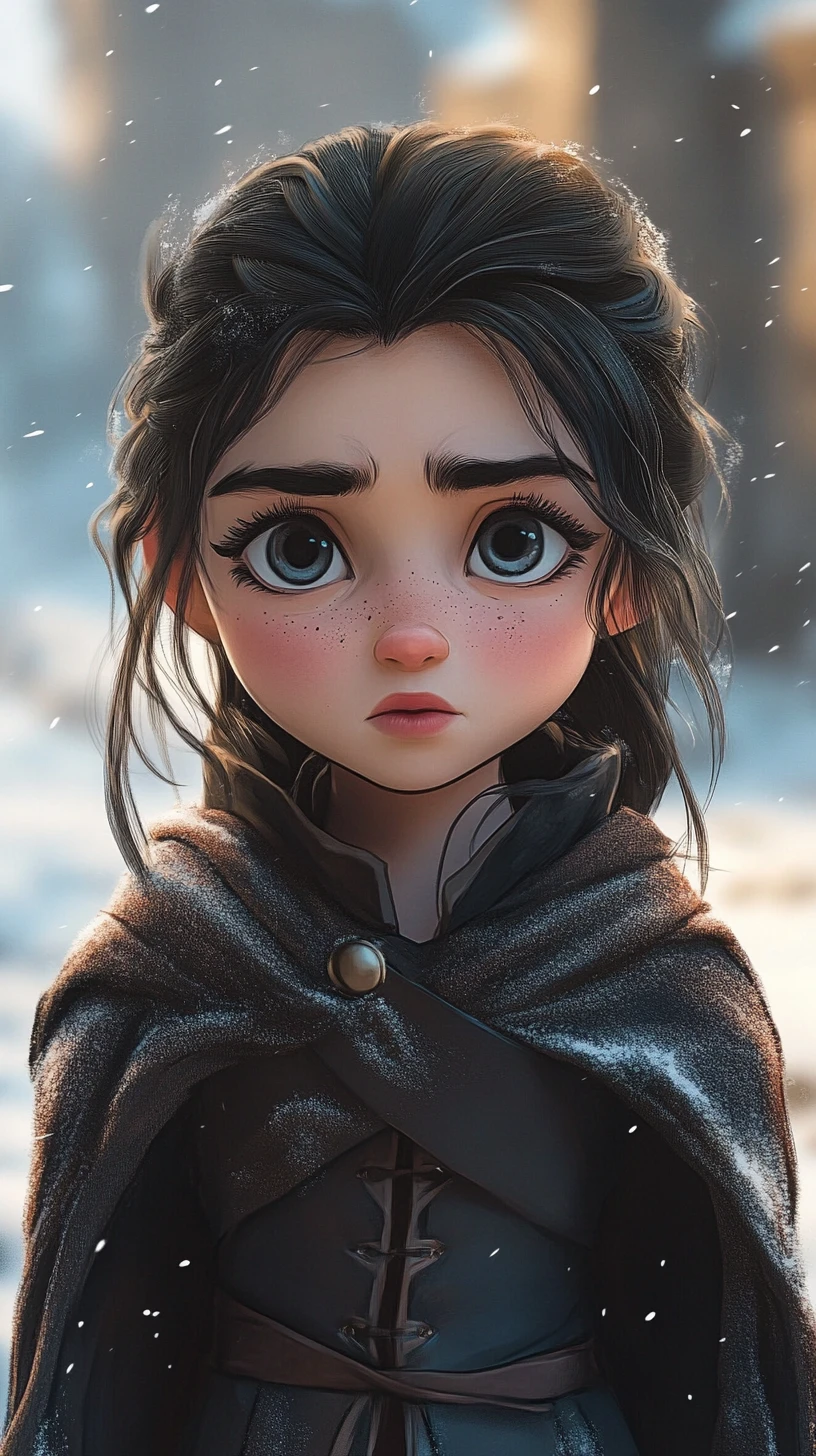 Anime girl with wolf pup before a winter castle